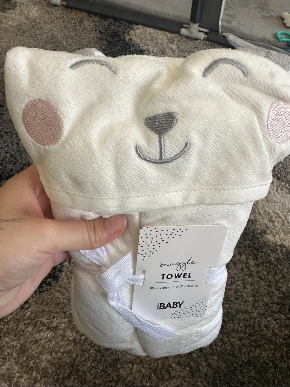 Cotton On White Bear Hooded Snuggle Towel with Pink Cheeks and Gray Embroidery